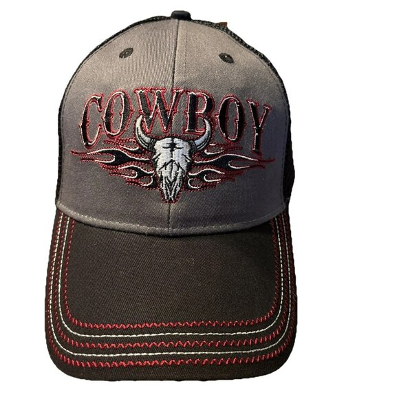 Cowboy Steer Skull Tribal Design Gray Black Mesh Baseball cap hat - Picture 1 of 4